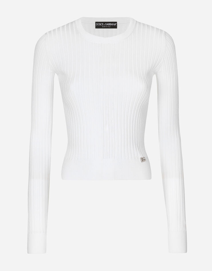 Dolce & Gabbana Ribbed viscose sweater with metal DG logo pin White FXX32TJFMDH