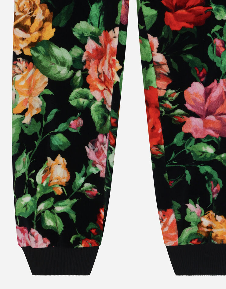 Dolce & Gabbana Chenille jogging pants with rose print over a black background Print L5JPD7HS7O9