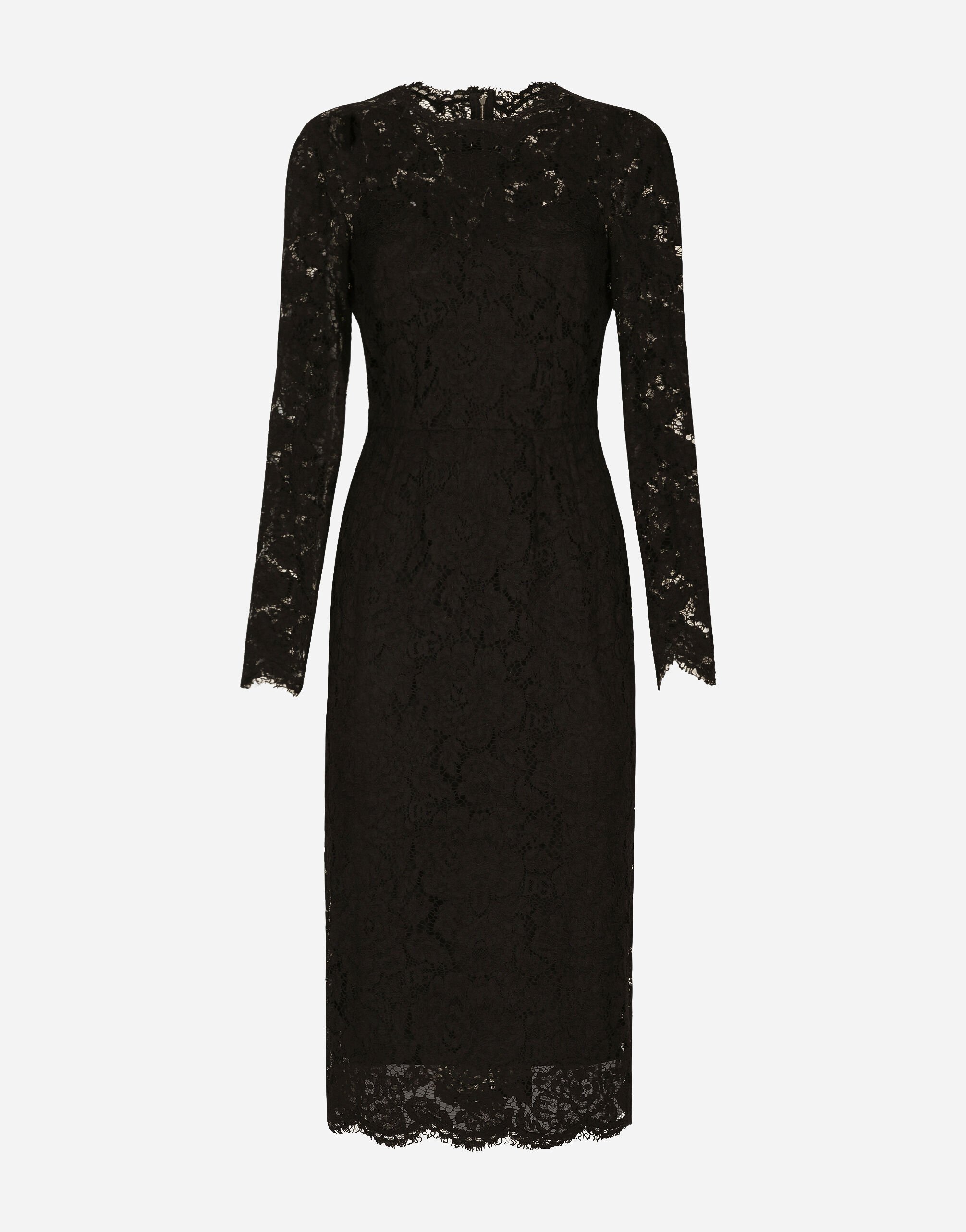 Dolce & Gabbana Robe mi-longue à manches longues en dentelle stretch avec logo Noir BB6002AI413