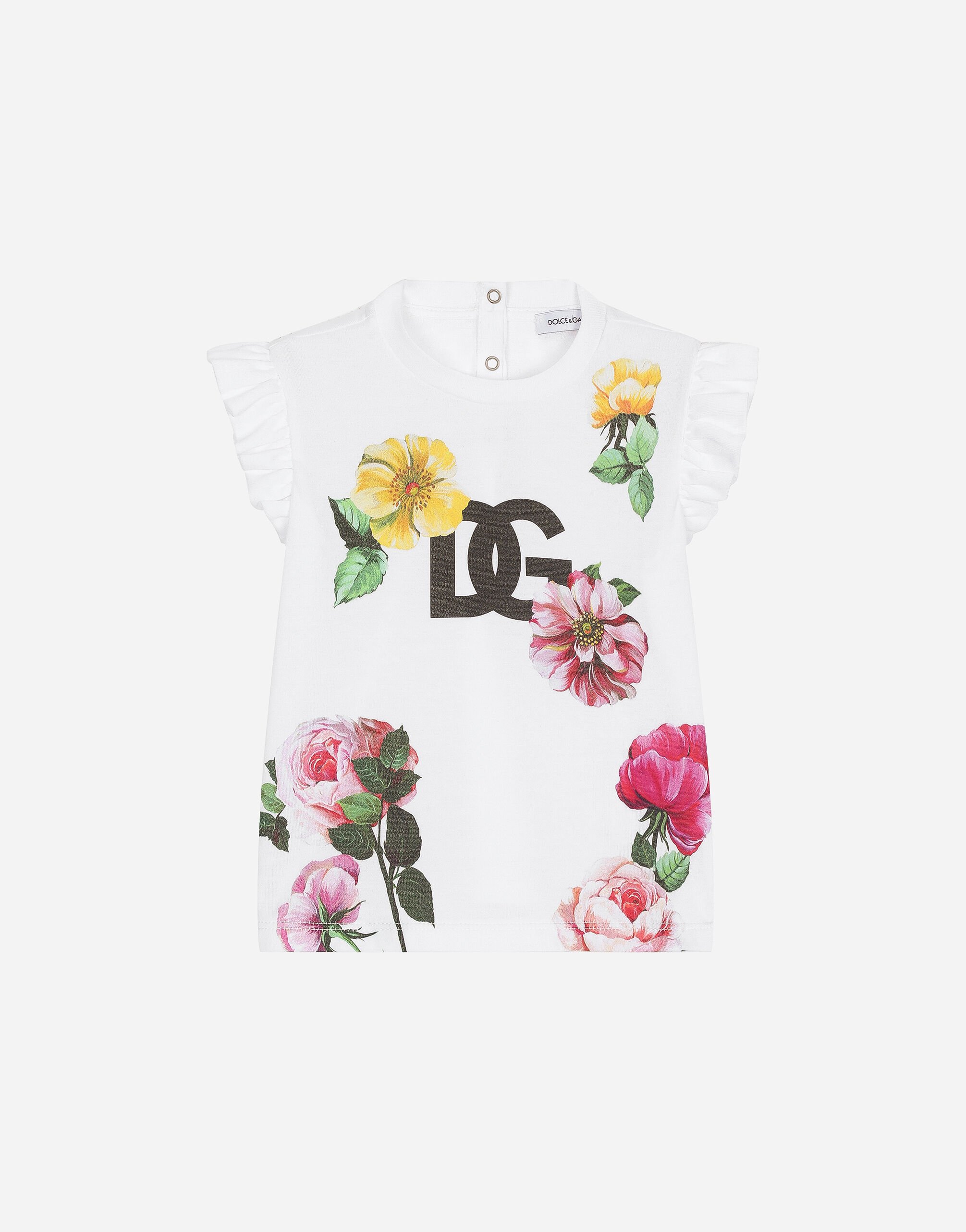 Dolce & Gabbana T-Shirt aus Jersey Blumenprint und DG-Logo Drucken L2JTKTII7DS