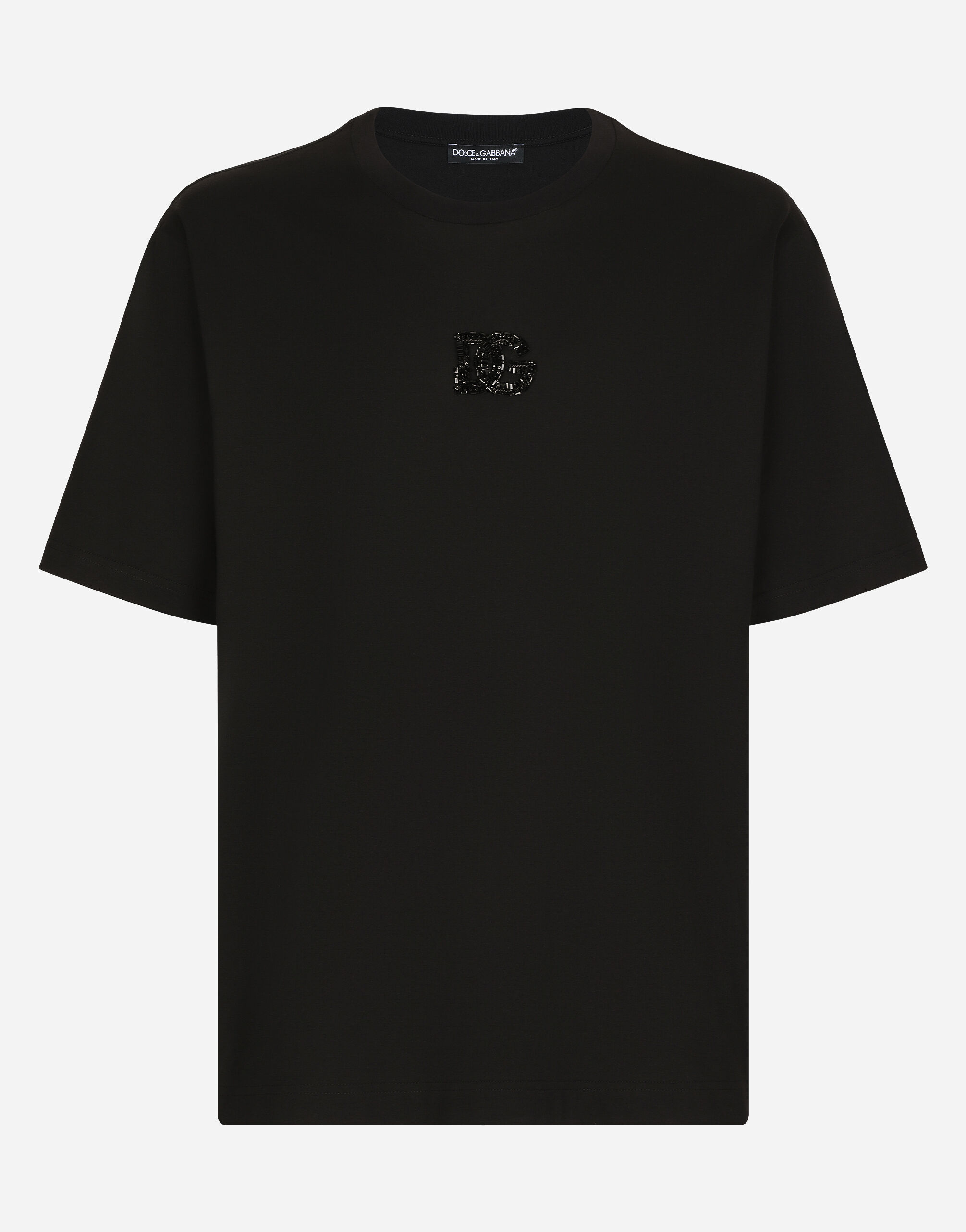 Dolce & Gabbana Cotton T-shirt with rhinestone-detailed DG patch Black G9ZU0ZG7K4P