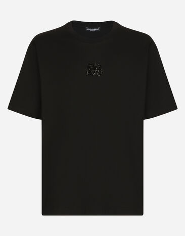 Dolce & Gabbana Baumwoll-T-Shirt mit DG-Strass-Patch Schwarz G9ZU0ZG7K4P