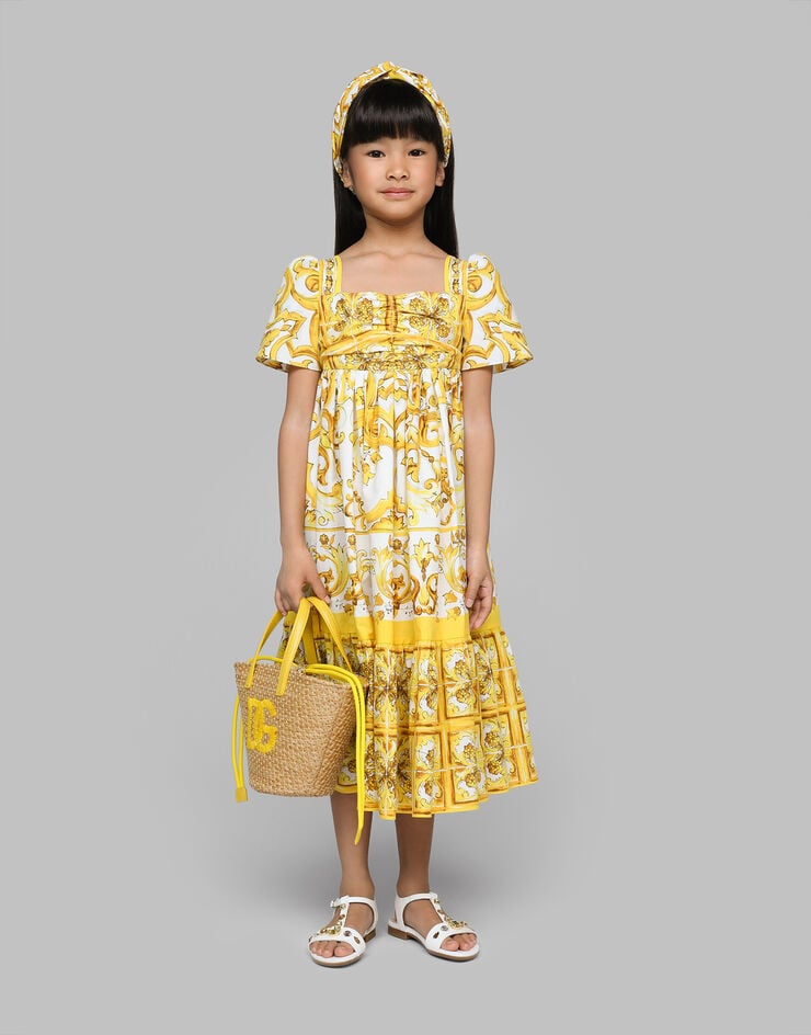 Dolce & Gabbana Платье из поплина с желтым принтом майолики Отпечатки L53DE7G7EY0
