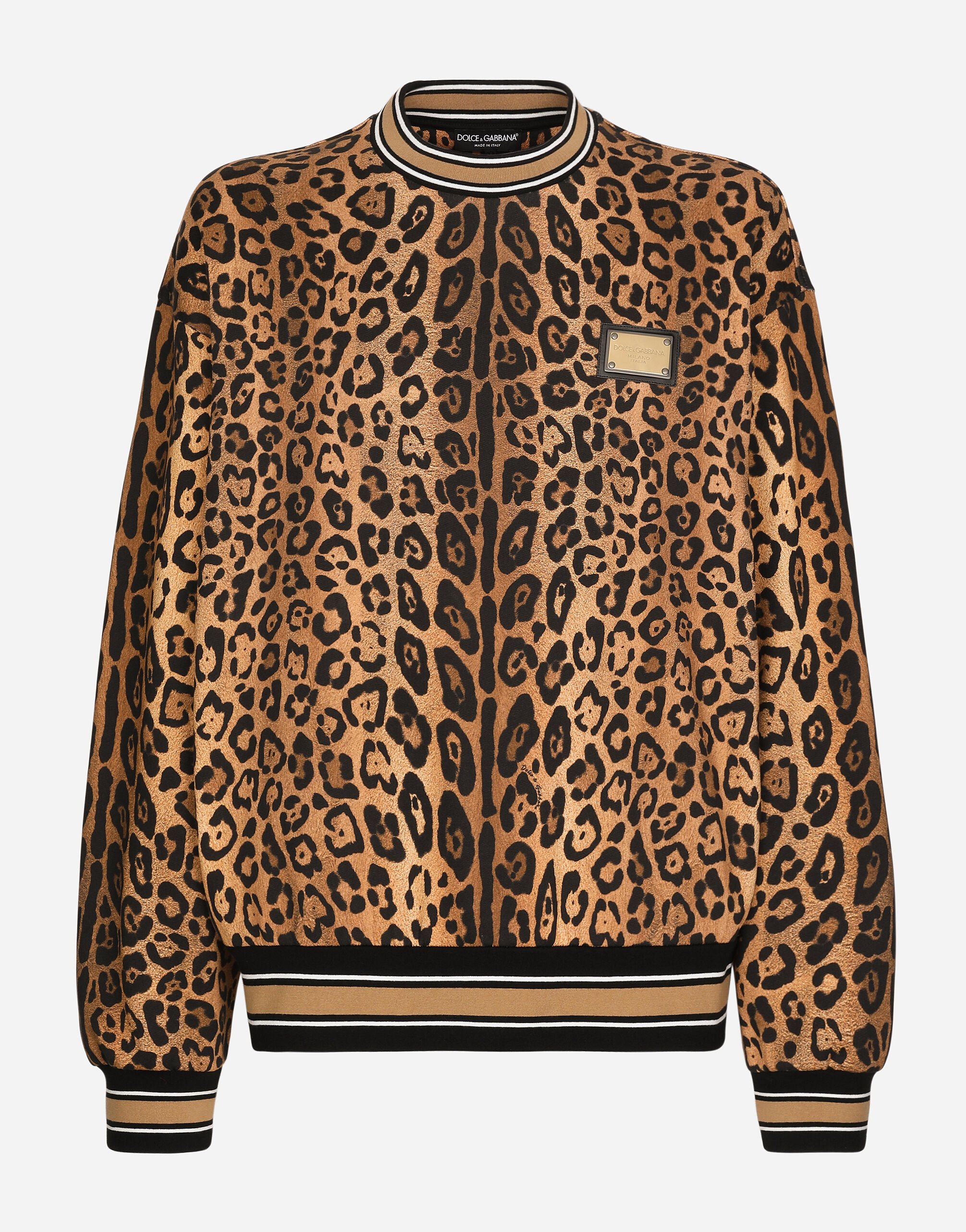 Dolce & Gabbana Sudadera con cuello redondo y crespo estampado leopardo con placa Imprima G9AYCTHJMP9