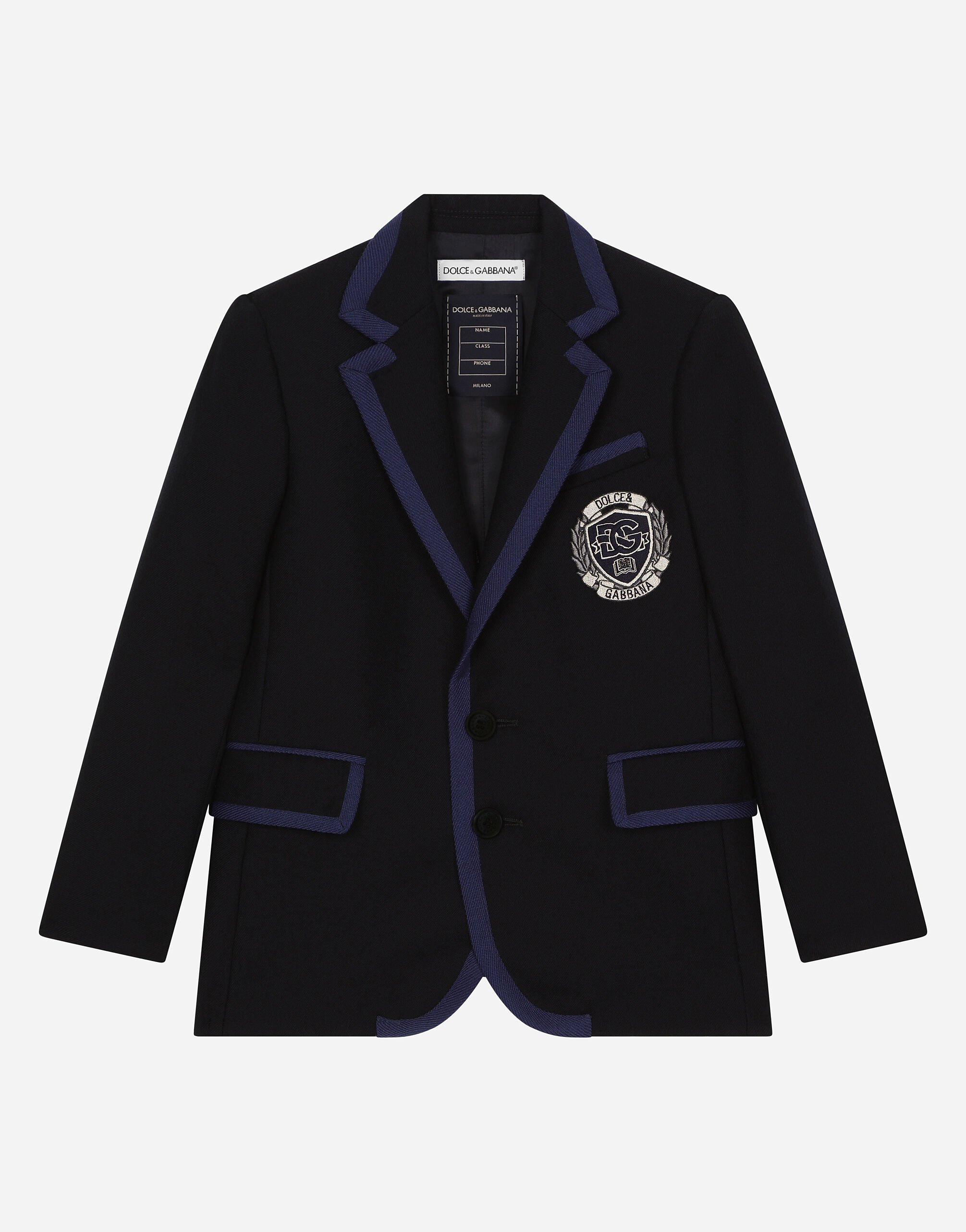 ${brand} Single-breasted wool jacket with contrasting trim and DG logo ${colorDescription} ${masterID}