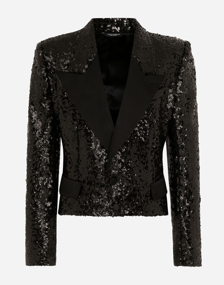 Dolce & Gabbana Short single-breasted jacket with sequin embellishment Black G2UC0TFLSGD