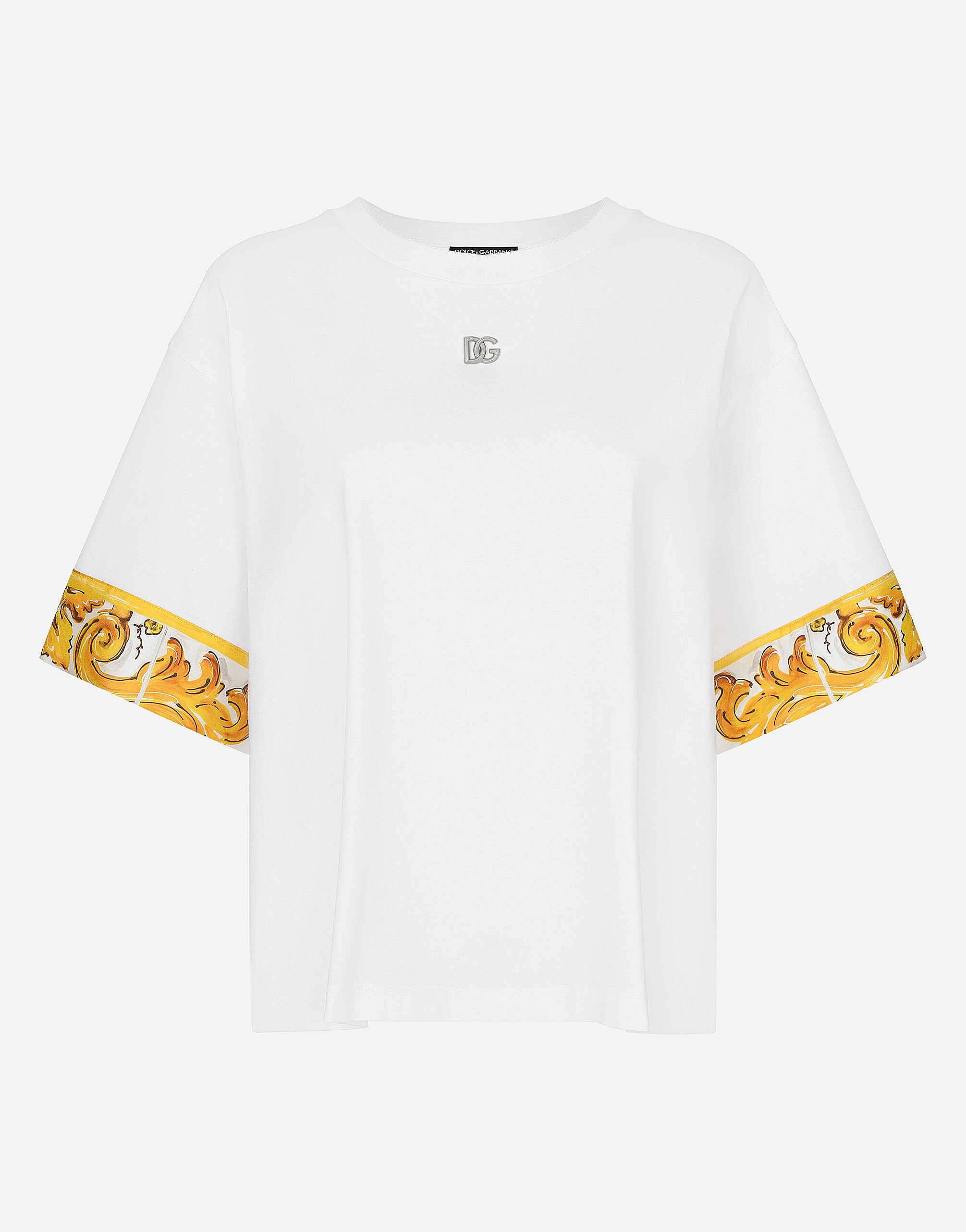 Dolce & Gabbana Camiseta en punto de algodón con detalles en sarga de seda con estampado Maiolica Blanco F8V06TGDCK6
