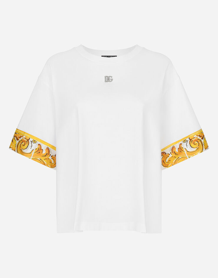 Dolce & Gabbana T-Shirt aus Baumwolljersey mit Details aus Seidentwill Majolika-Print Weiss F8V06TGDCK6