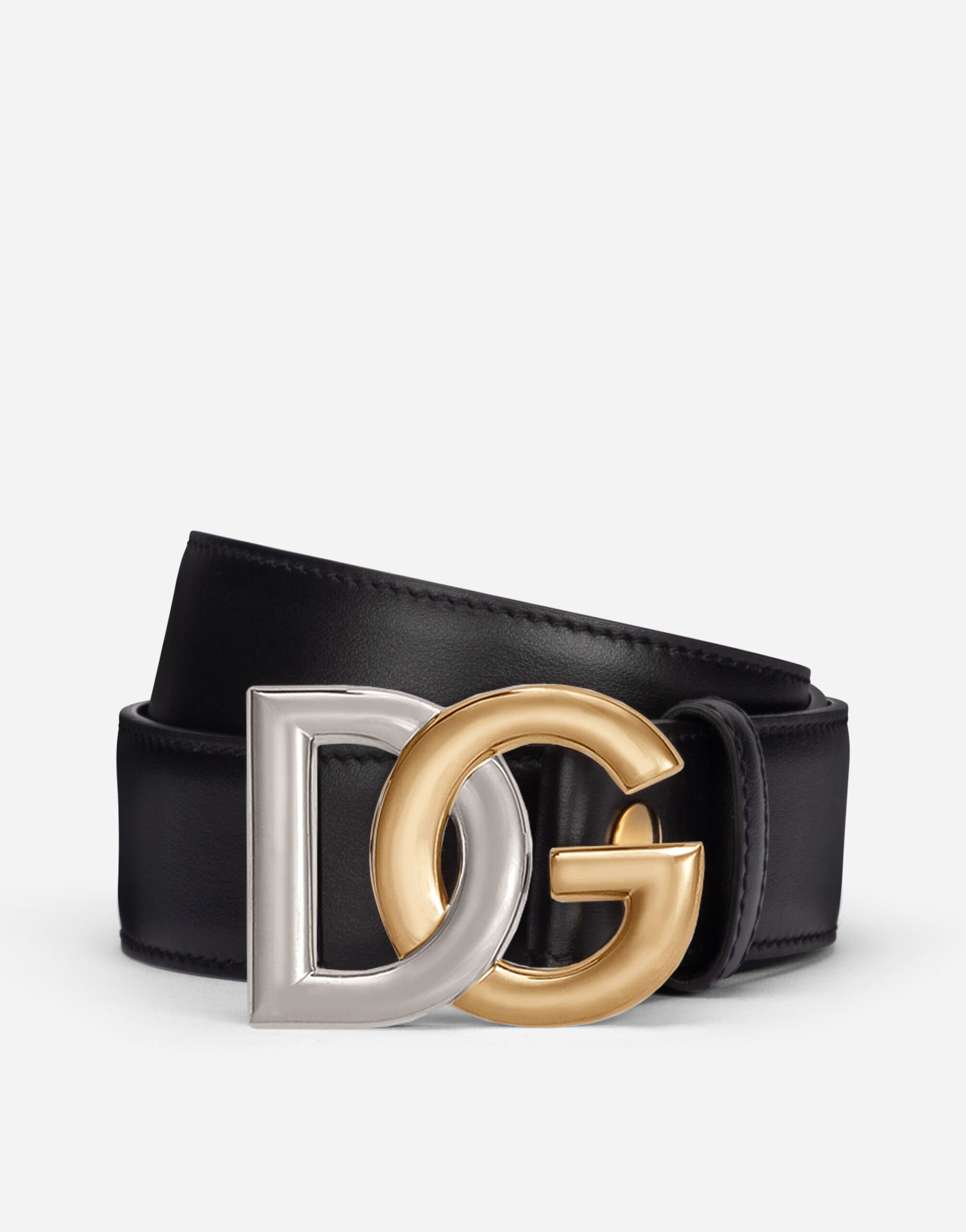 Calfskin belt with double-plated DG logo in Black for Men 