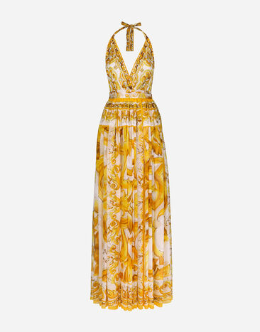 Dolce & Gabbana 마욜리카 프린트 긴소매 실크 시폰 롱 드레스 인쇄 F6AEITHH5A1