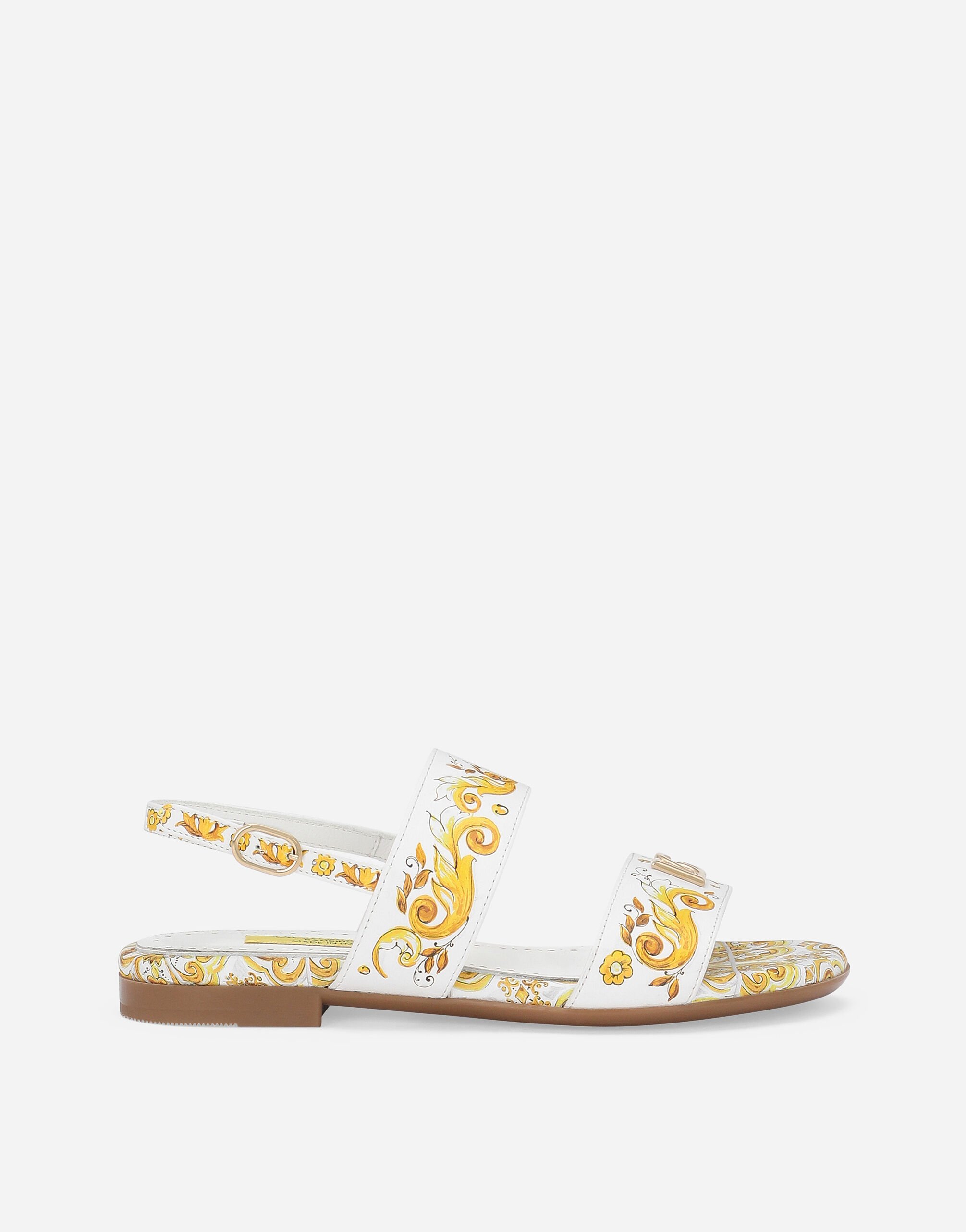 ${brand} Calfskin sandals with yellow majolica print ${colorDescription} ${masterID}