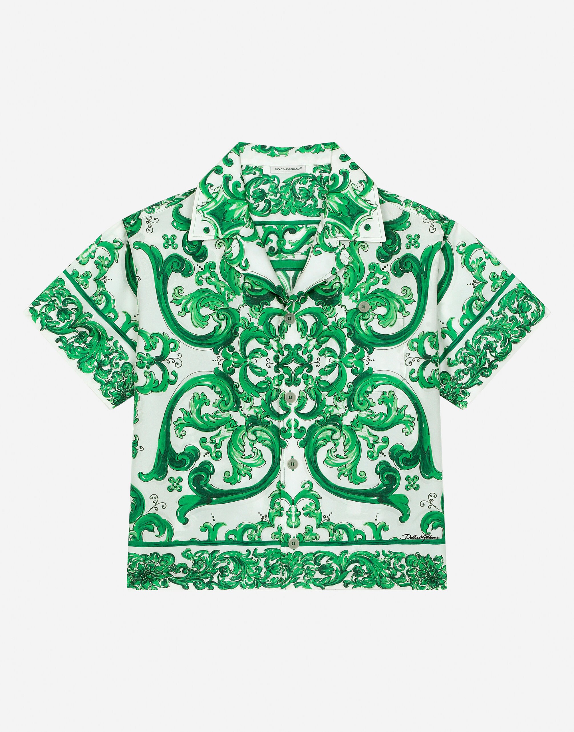 Dolce & Gabbana قميص تويل بطبعة ماجوليكا خضراء مطبعة L44S11HI1S6
