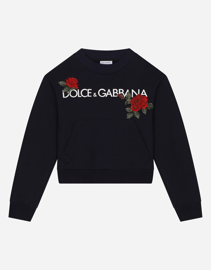 Dolce&Gabbana 로고 프린트 & 로즈 패치 라운드넥 스웨트셔츠 블루 L5JW9AG7J7V