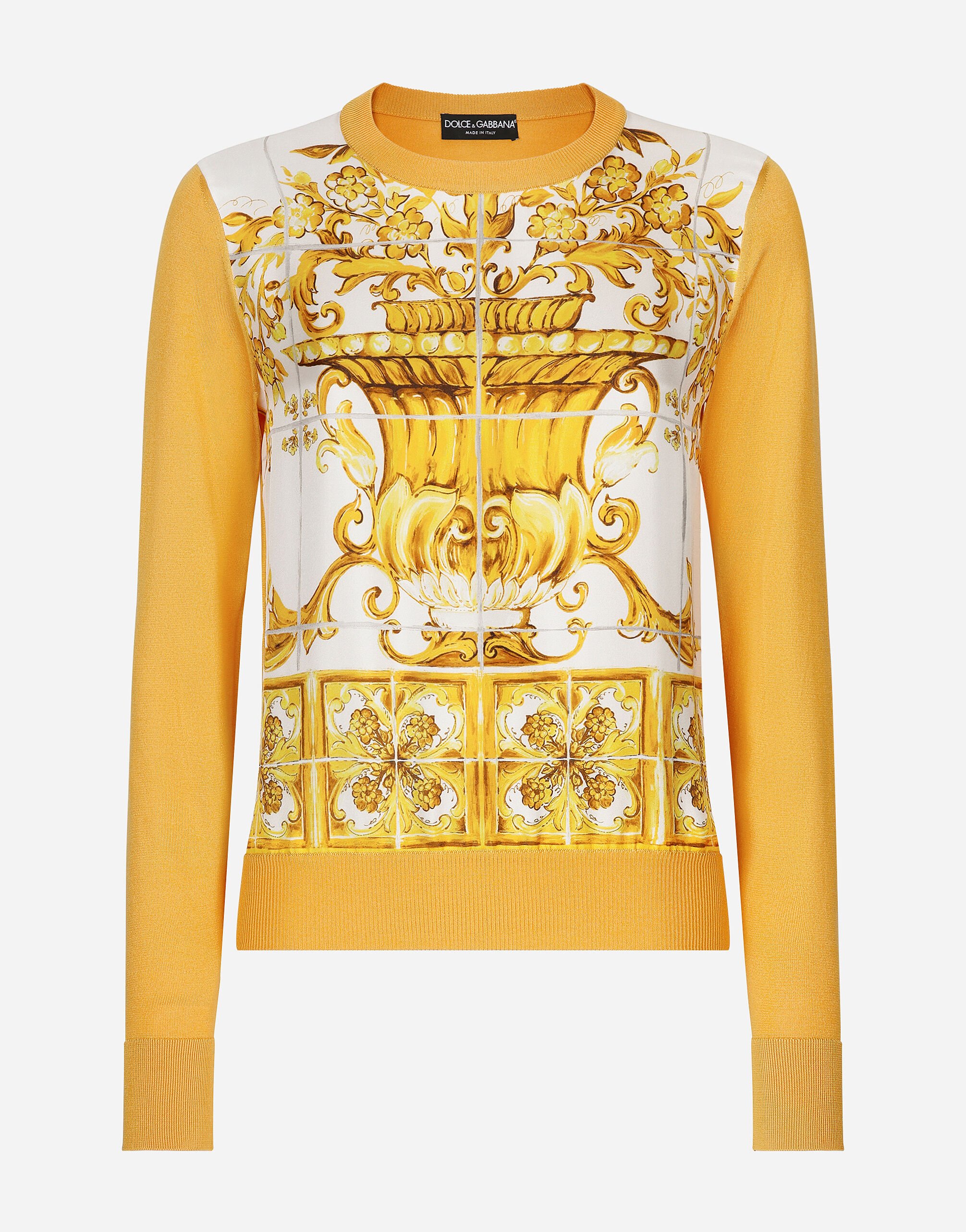 Dolce & Gabbana Silk sweater with majolica-print silk twill panel on the front White FXW12TJFMEB