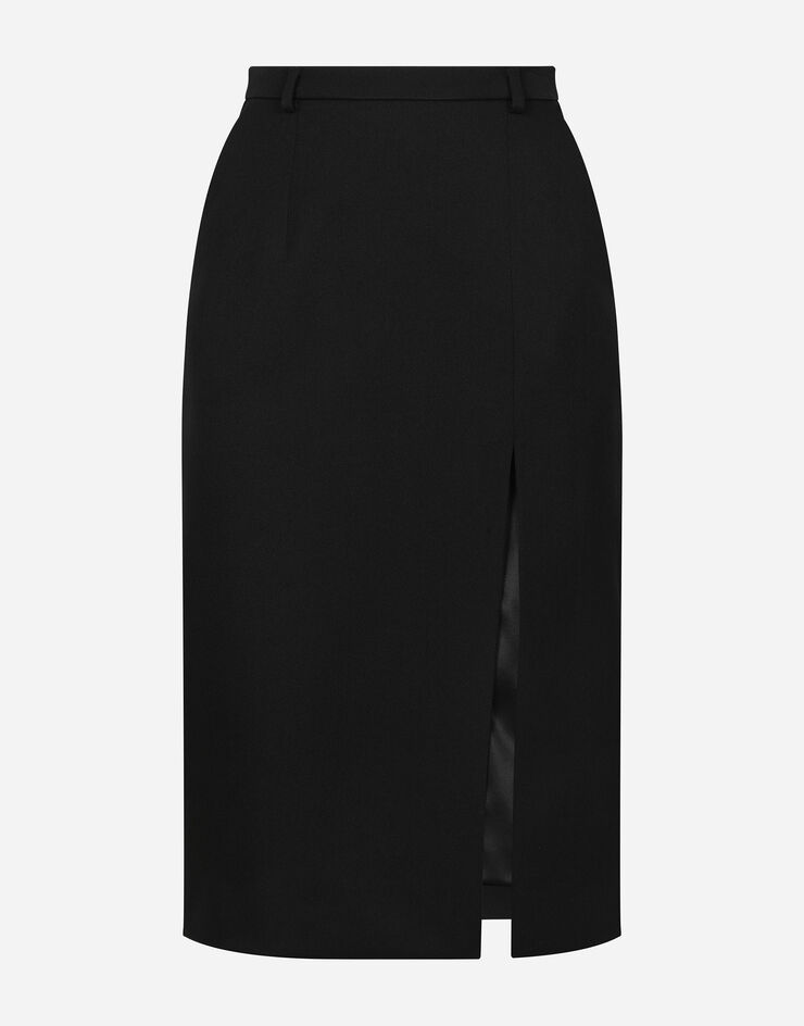 Dolce & Gabbana Calf-length wool gabardine skirt with slit Black F4CXHTFU28J