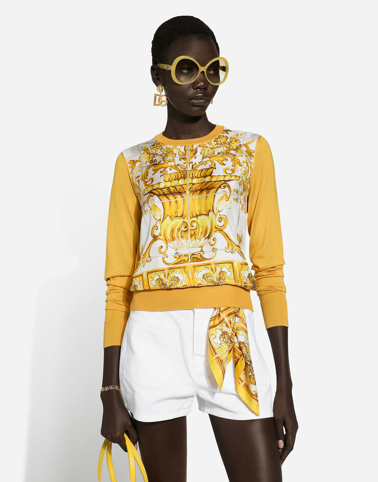 Dolce & Gabbana 마욜리카 프린트 실크 트윌 패널 민소매 실크 스웨터 인쇄 FXX31TJBSJF