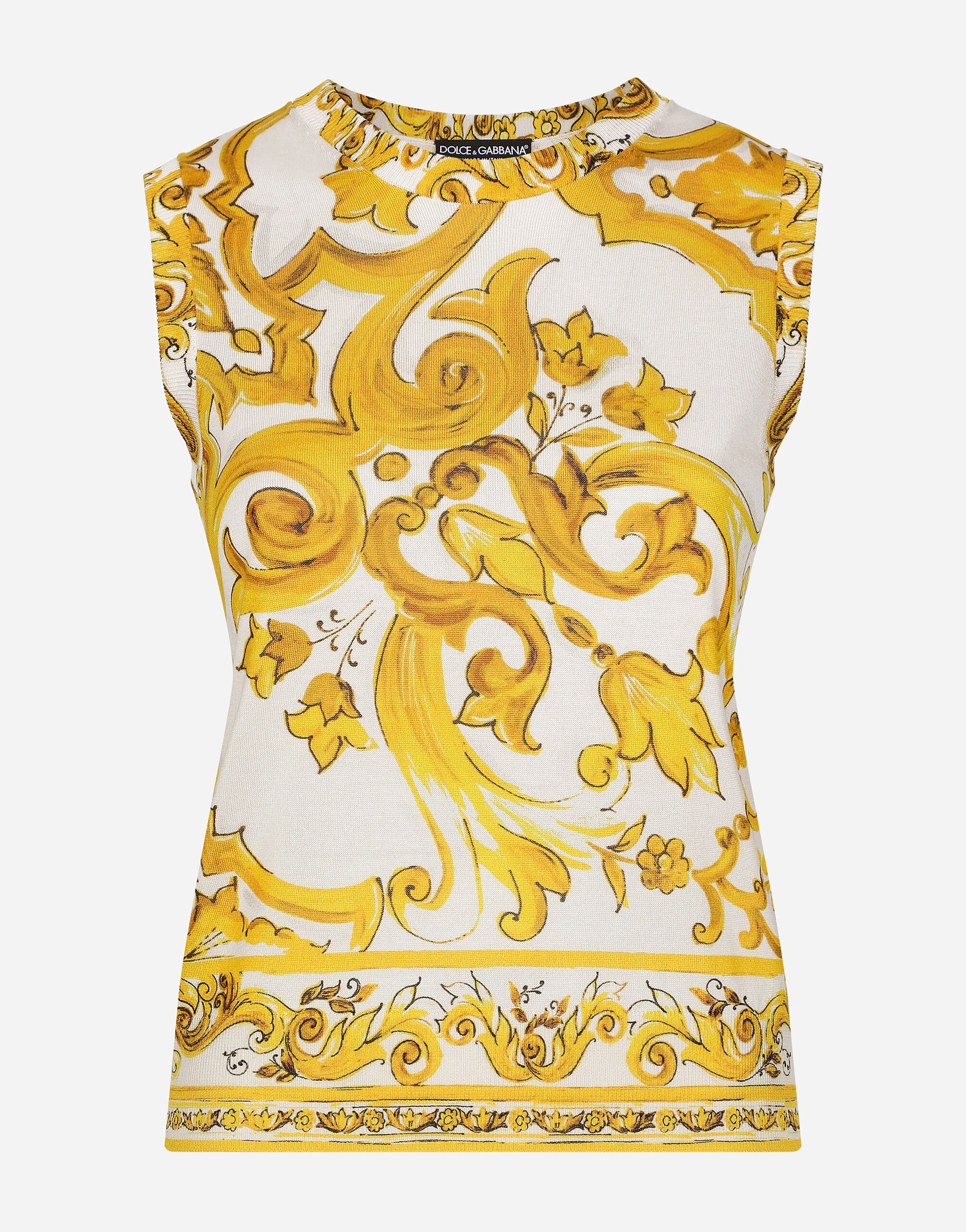 Dolce & Gabbana Ärmelloser Pullover aus Seide Majolika-Print Weiss F8V06TGDCK6