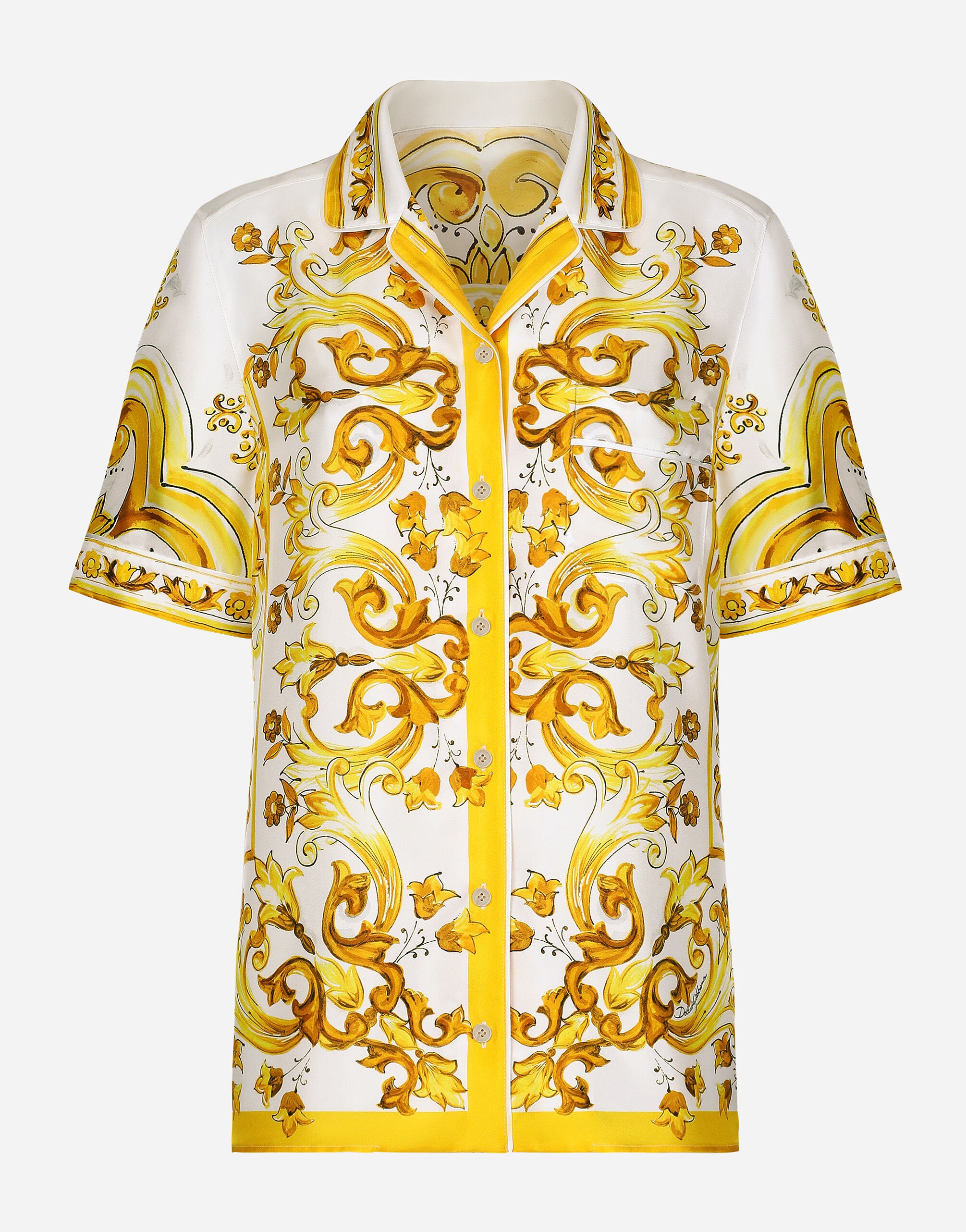 ${brand} Short-sleeved silk twill shirt with majolica print ${colorDescription} ${masterID}