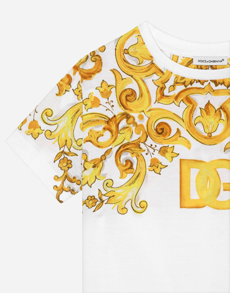 Dolce & Gabbana Camiseta de punto con estampado Maiolica amarillo y logotipo DG Imprima L5JTNKII7DS