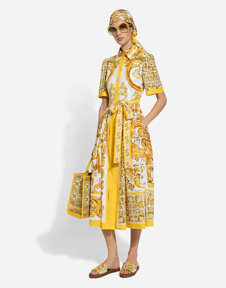 Dolce & Gabbana Платье-рубашка миди из хлопкового поплина с поясом и принтом майолики Отпечатки F6JFNTFI5JK