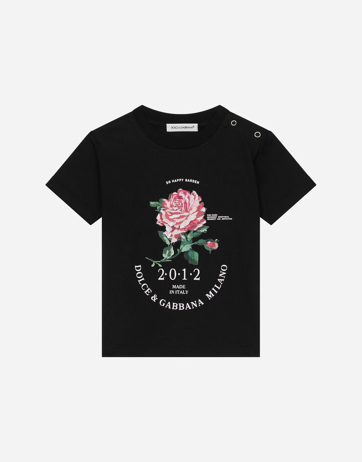 Dolce & Gabbana Jersey T-shirt with Dolce&Gabbana logo and rose Black L2JTKTG7N0U