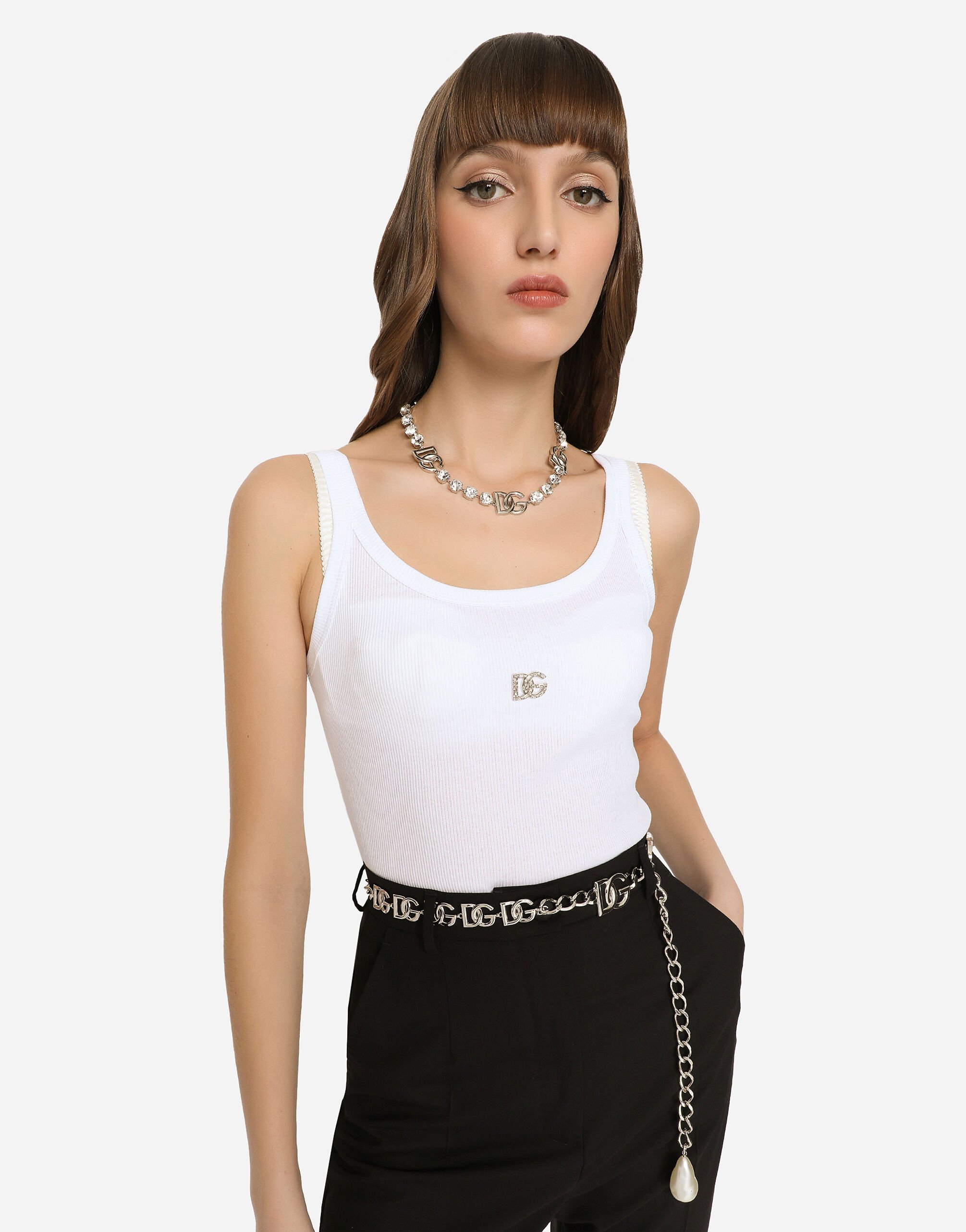 Fine-rib tank top with crystal DG logo in White for Women 