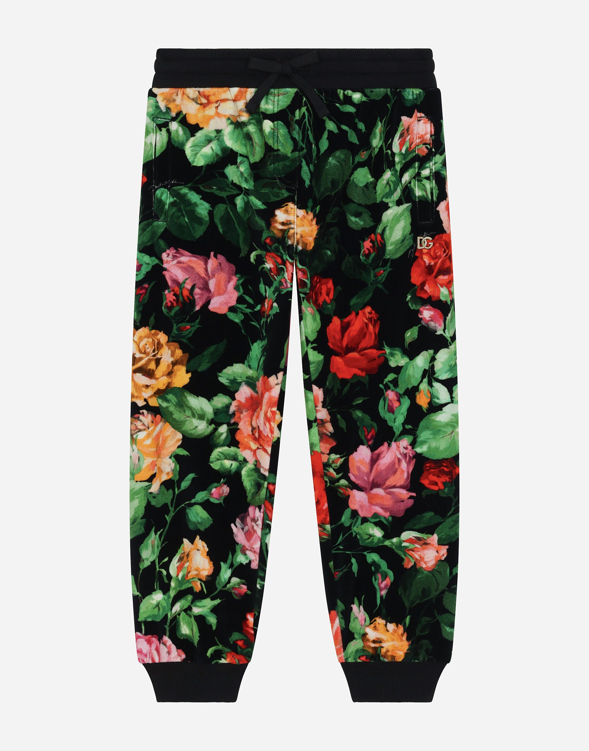 ${brand} Pantalón de chándal de felpa con estampado de rosas sobre base negra ${colorDescription} ${masterID}