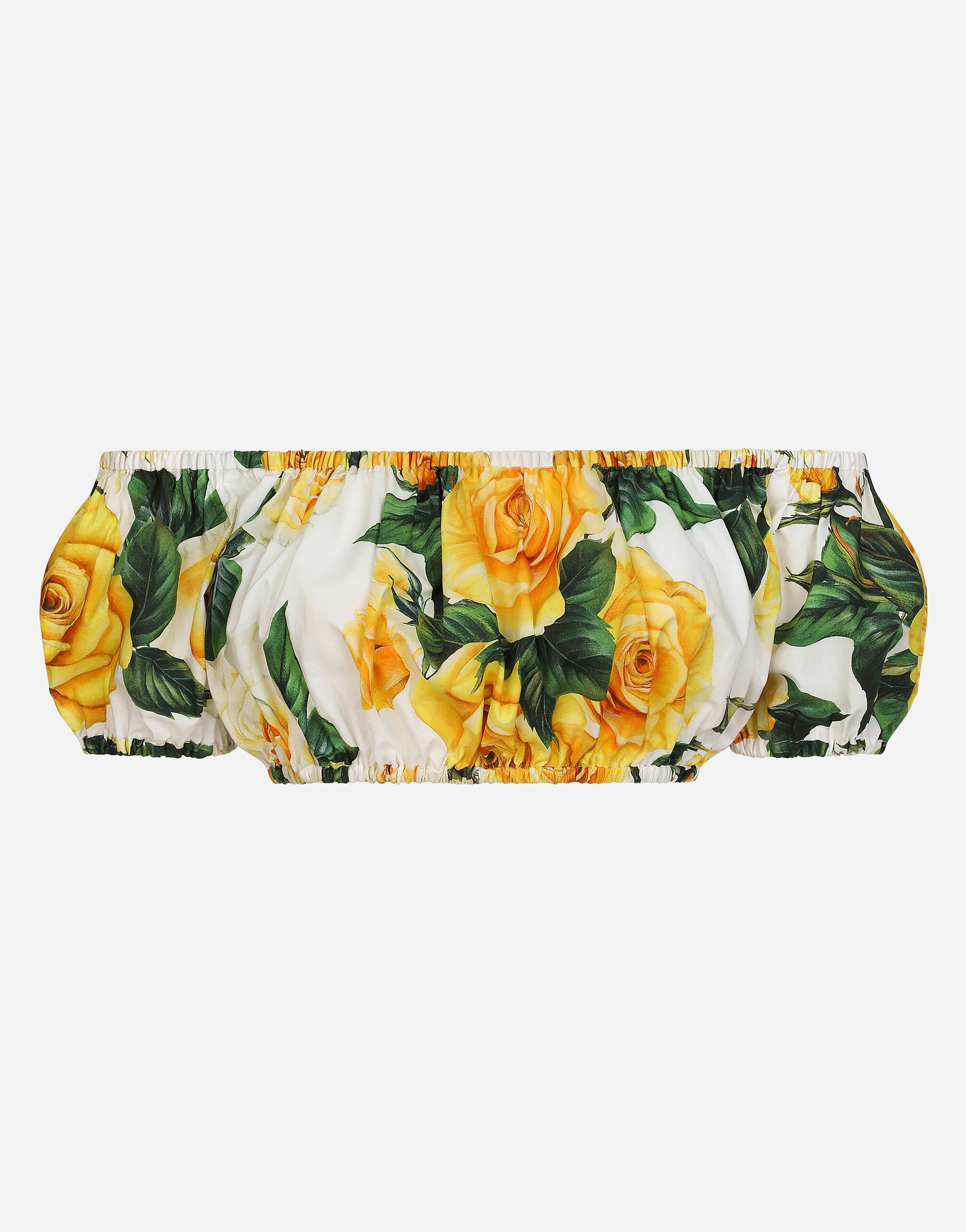 ${brand} Bardot-neck crop top in yellow rose-print cotton ${colorDescription} ${masterID}