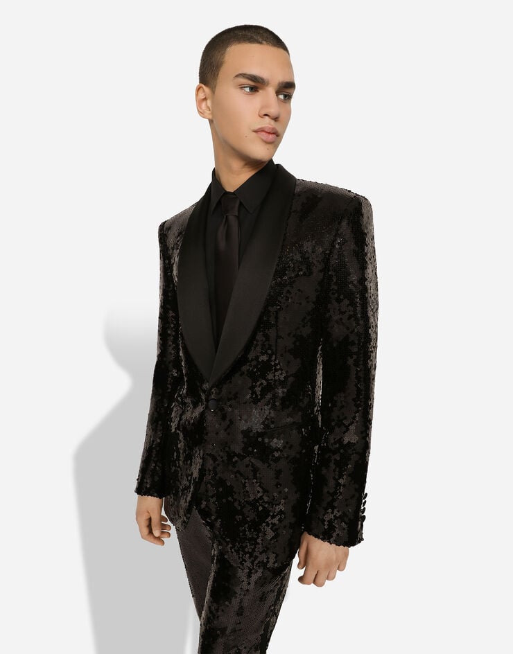 Dolce & Gabbana シングルブレストタキシードスーツ シチリアフィット スパンコール ブラック GKOSMTFLSEP