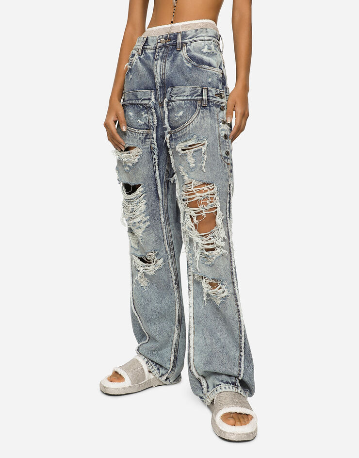 KIM DOLCE&GABBANA Patchwork denim jeans with ripped details in Multicolor  for