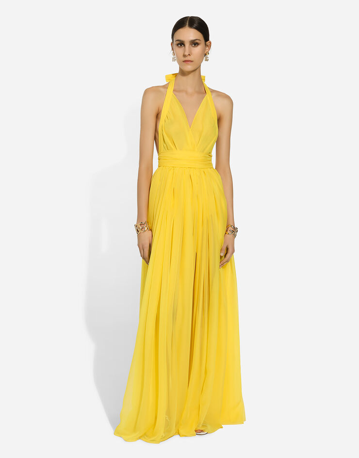 Dolce & Gabbana Длинное платье без рукавов из шелкового шифона желтый F6ALPTFU1AT