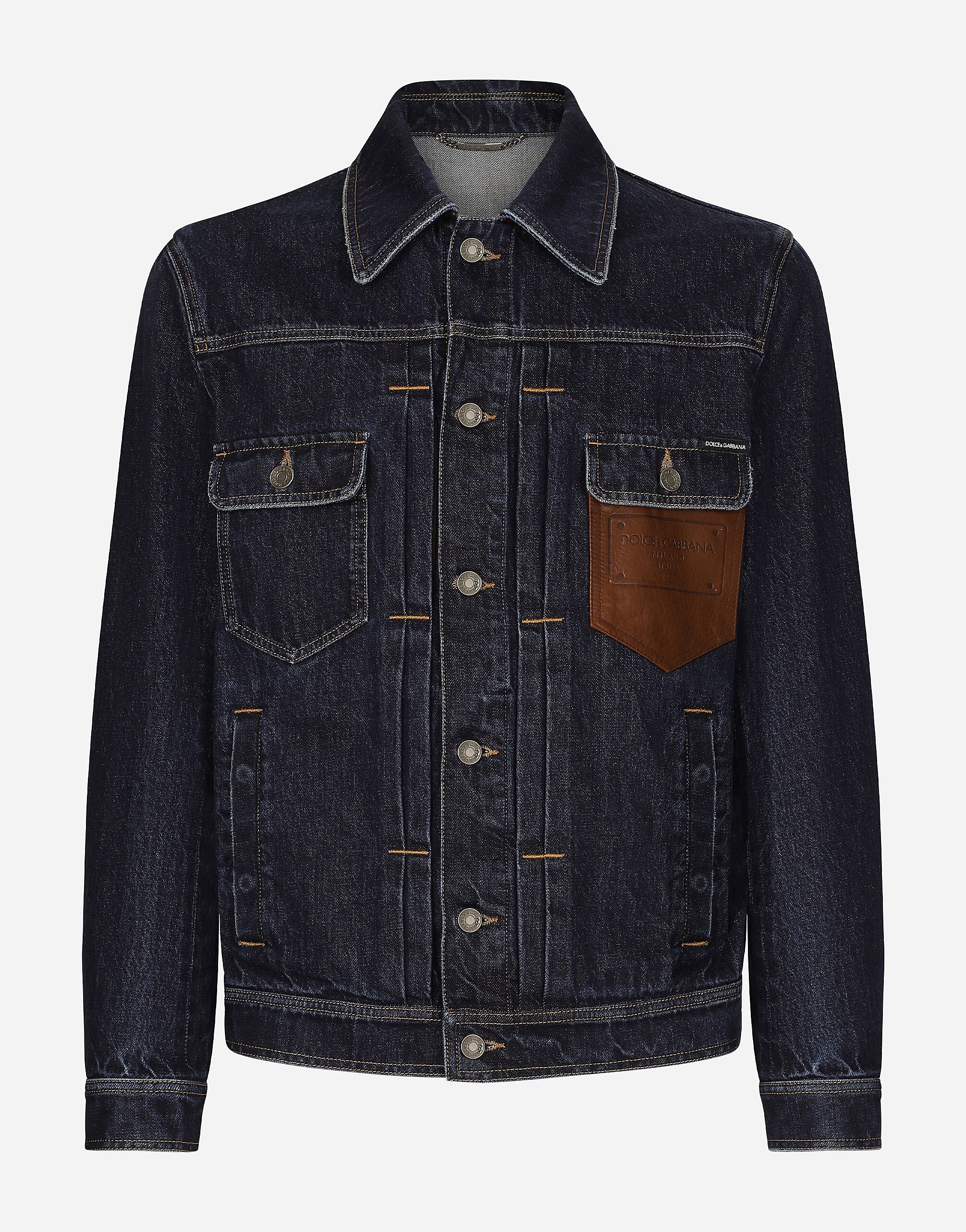 ${brand} Denim jacket with embossed tag on leather ${colorDescription} ${masterID}