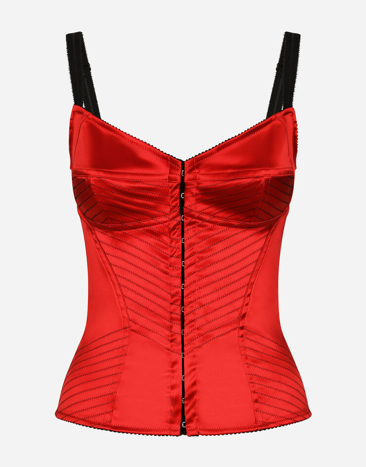 Satin corset with top-stitching and hook-and-eye fastenings in Red for