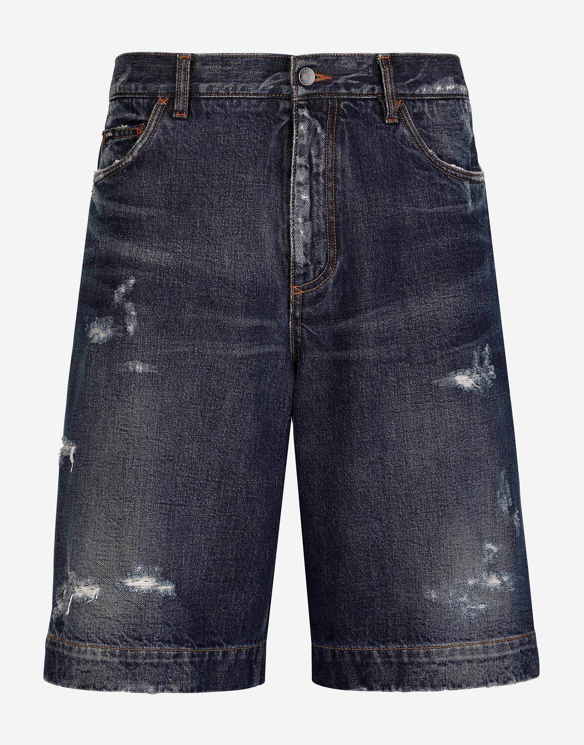 ${brand} Blue denim shorts with abrasions ${colorDescription} ${masterID}