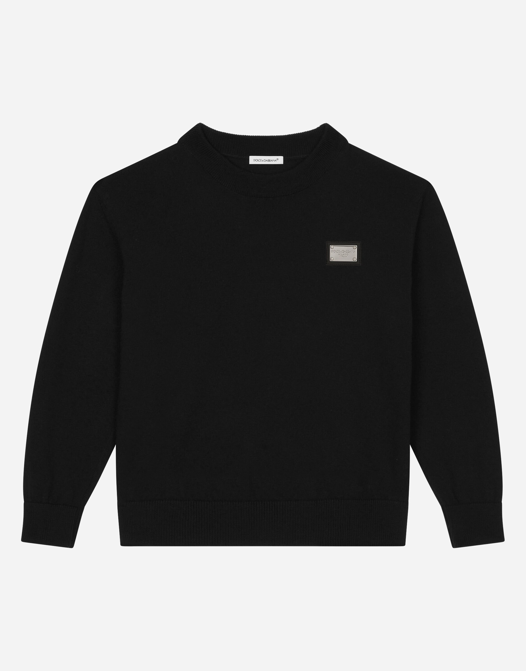 Dolce & Gabbana Round-neck plain knit sweater with logo tag Beige L4KWE2JBCE0