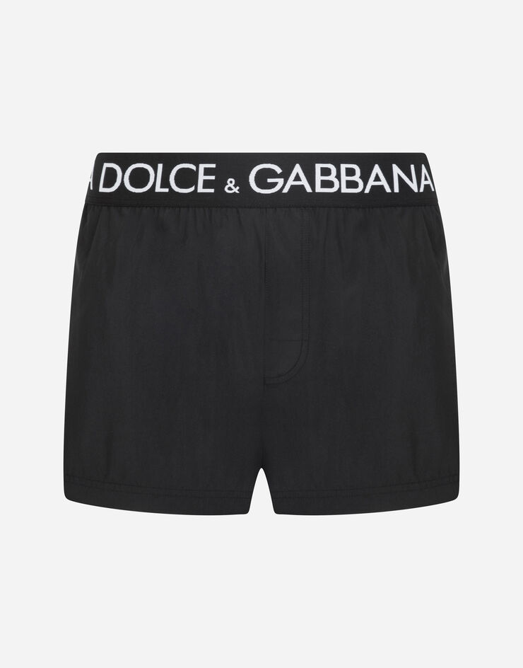 Short swim trunks with branded stretch waistband in Black for Men ...