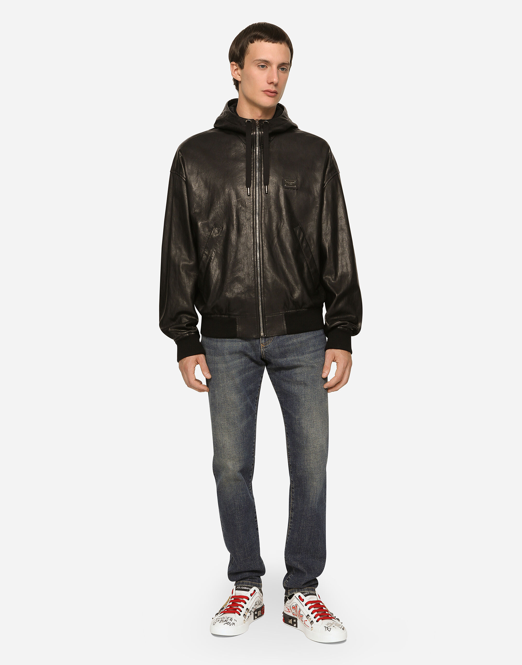 Dolce & Gabbana Nappa leather jacket with hood and tag male Black