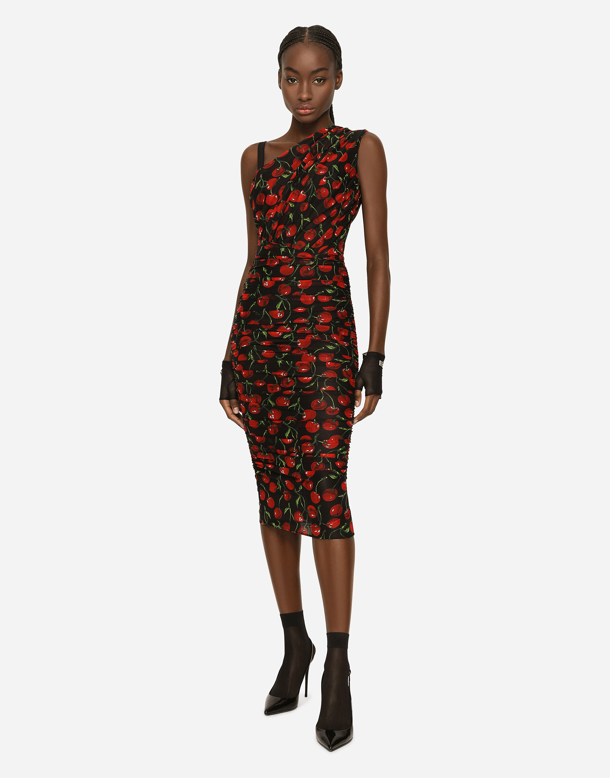 One-shoulder tulle midi dress with cherry print and draping in 
