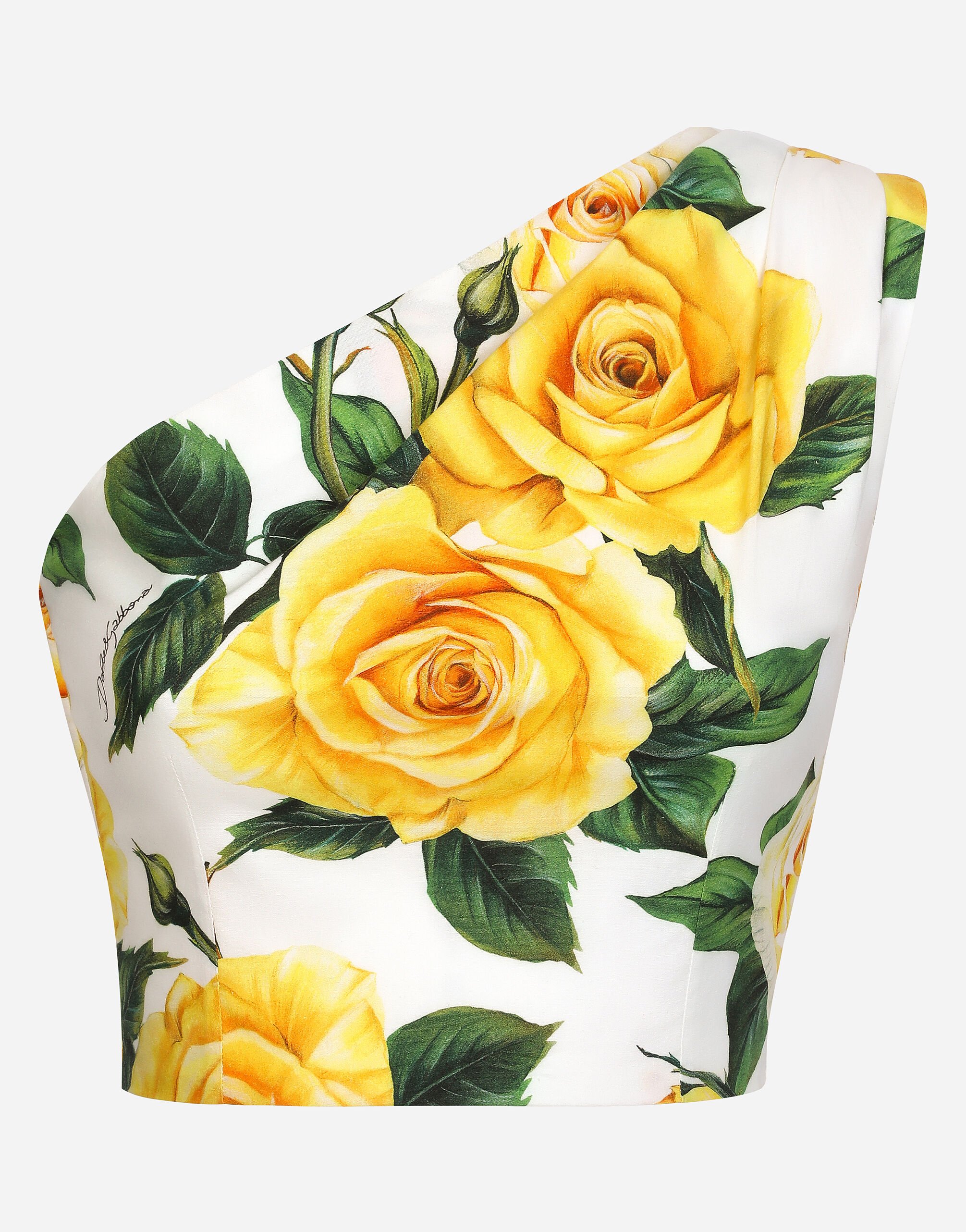 Dolce & Gabbana Top corto con hombro asimétrico de algodón con estampado de rosas amarillas Imprima L55S67G7EY3