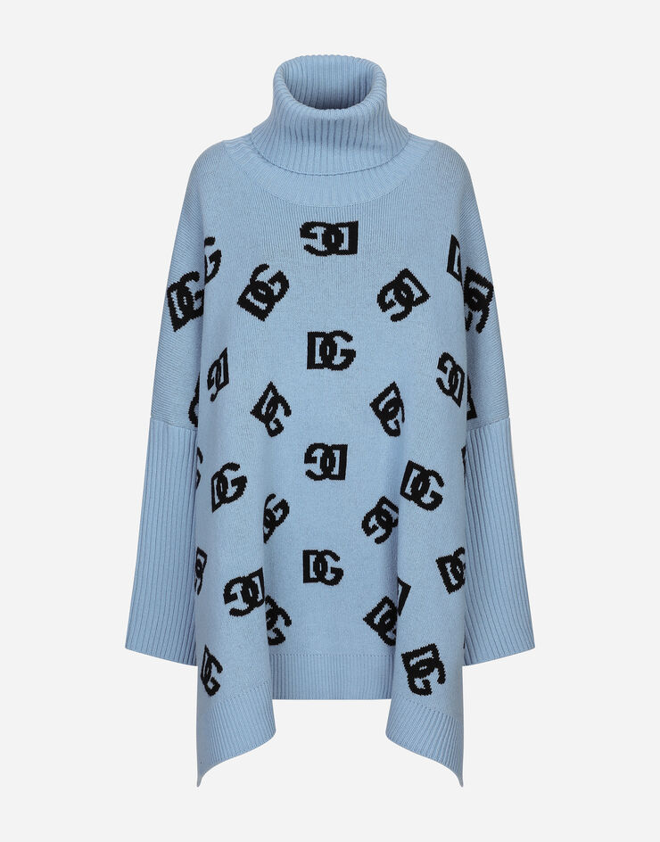 Dolce & Gabbana Poncho de cuello alto de lana con logotipo DG en intarsia Azul Claro FXV08TJCVZM