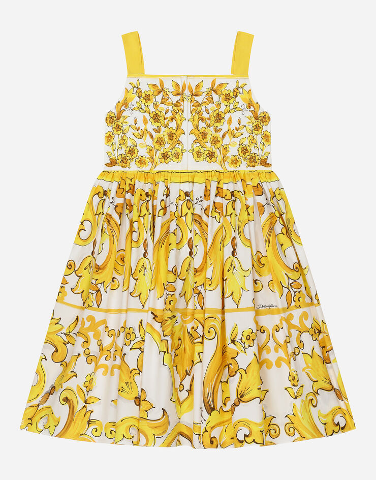 Dolce & Gabbana فستان بوبلين بطبعة ماجوليكا صفراء مطبعة L53DW3FI5JY