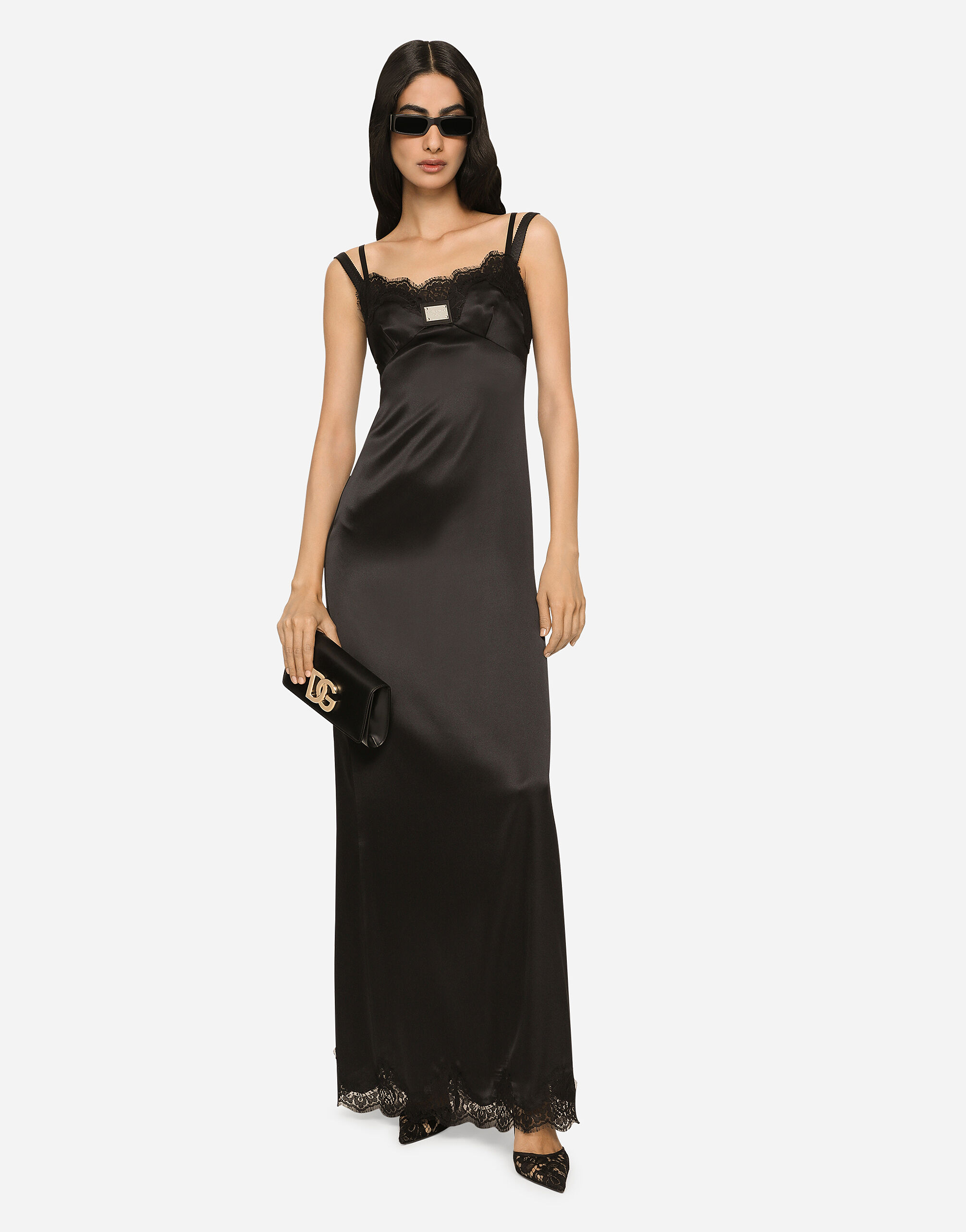 ブラックのウィメンズ Long satin slip dress with the Dolce&Gabbana 
