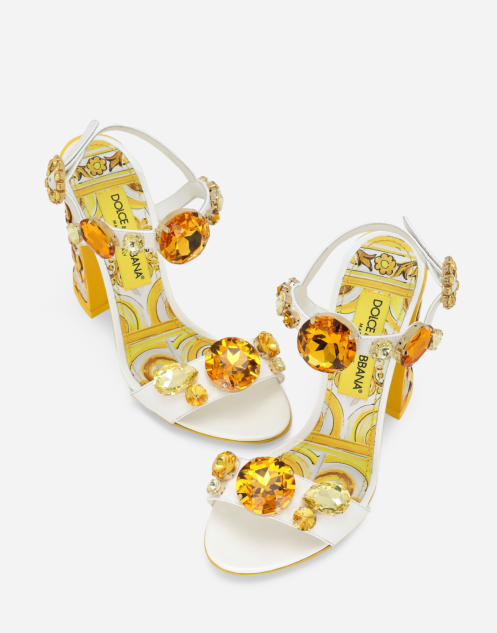 Patent leather sandals with stone embellishment and painted heel