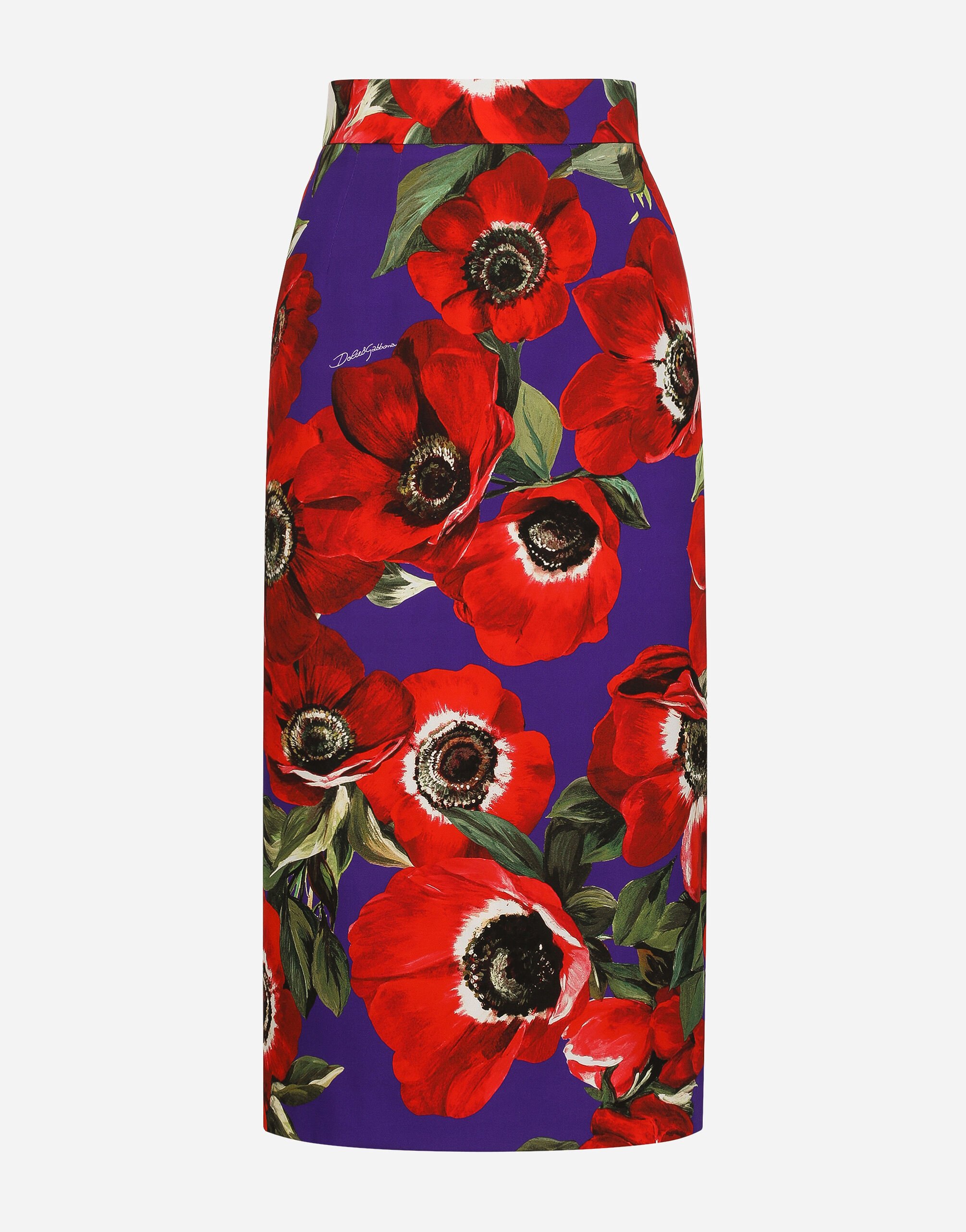 Dolce & Gabbana Charmeuse calf-length skirt with anemone print Print F4CX0THH5A5