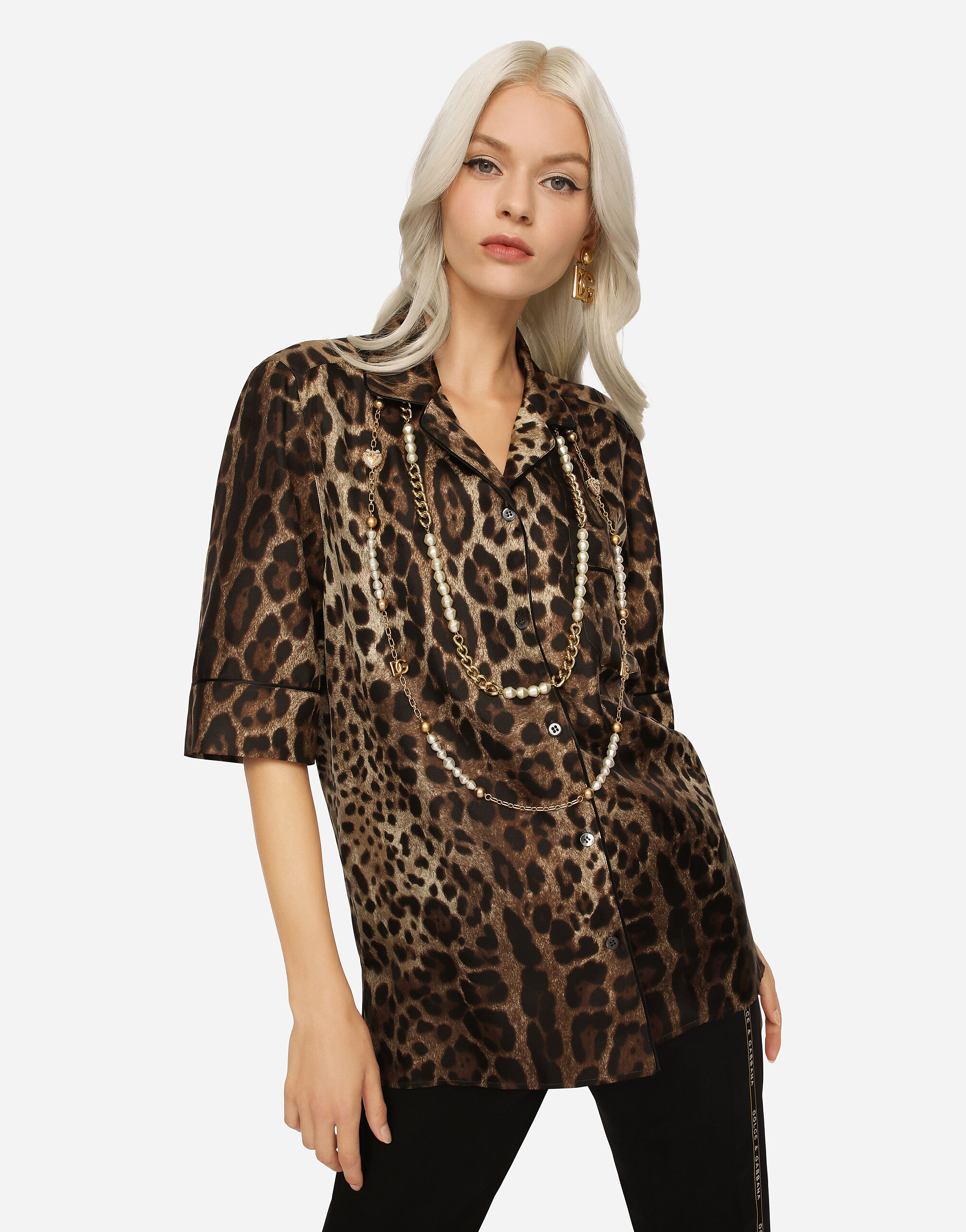 Leopard-print twill shirt with piping in ANIMAL PRINT for Women