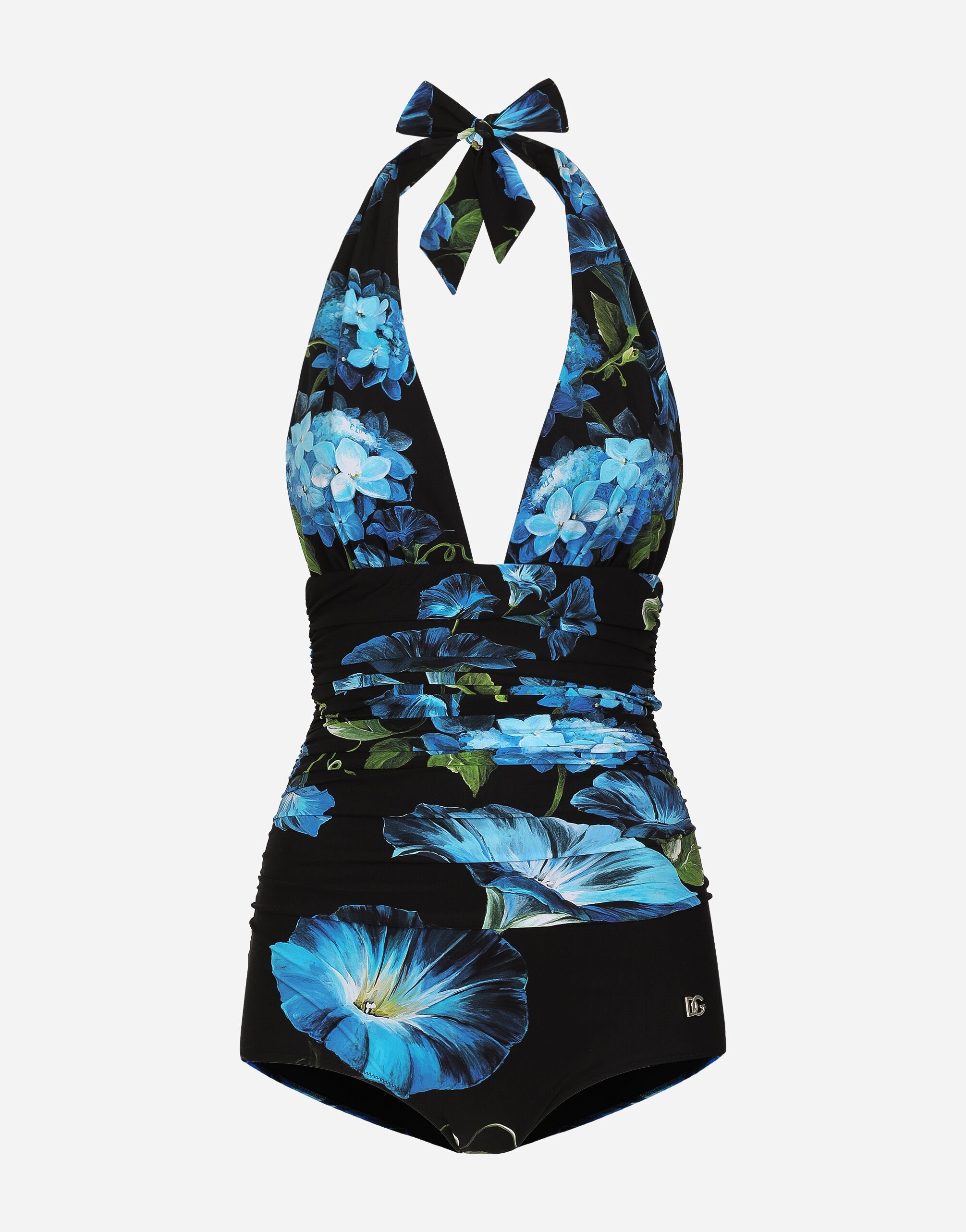 ${brand} One-piece swimsuit with plunging neckline and bluebell print ${colorDescription} ${masterID}