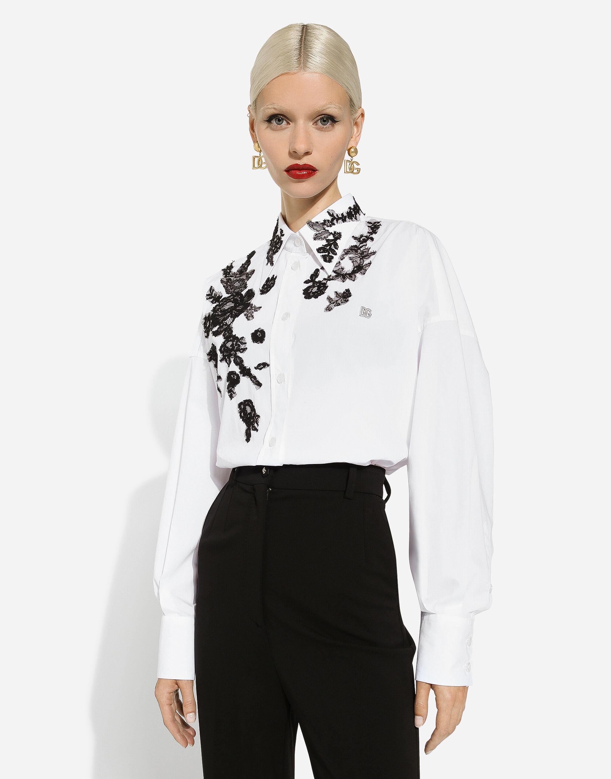 Oversize cotton shirt with lace appliqués in White for Women 