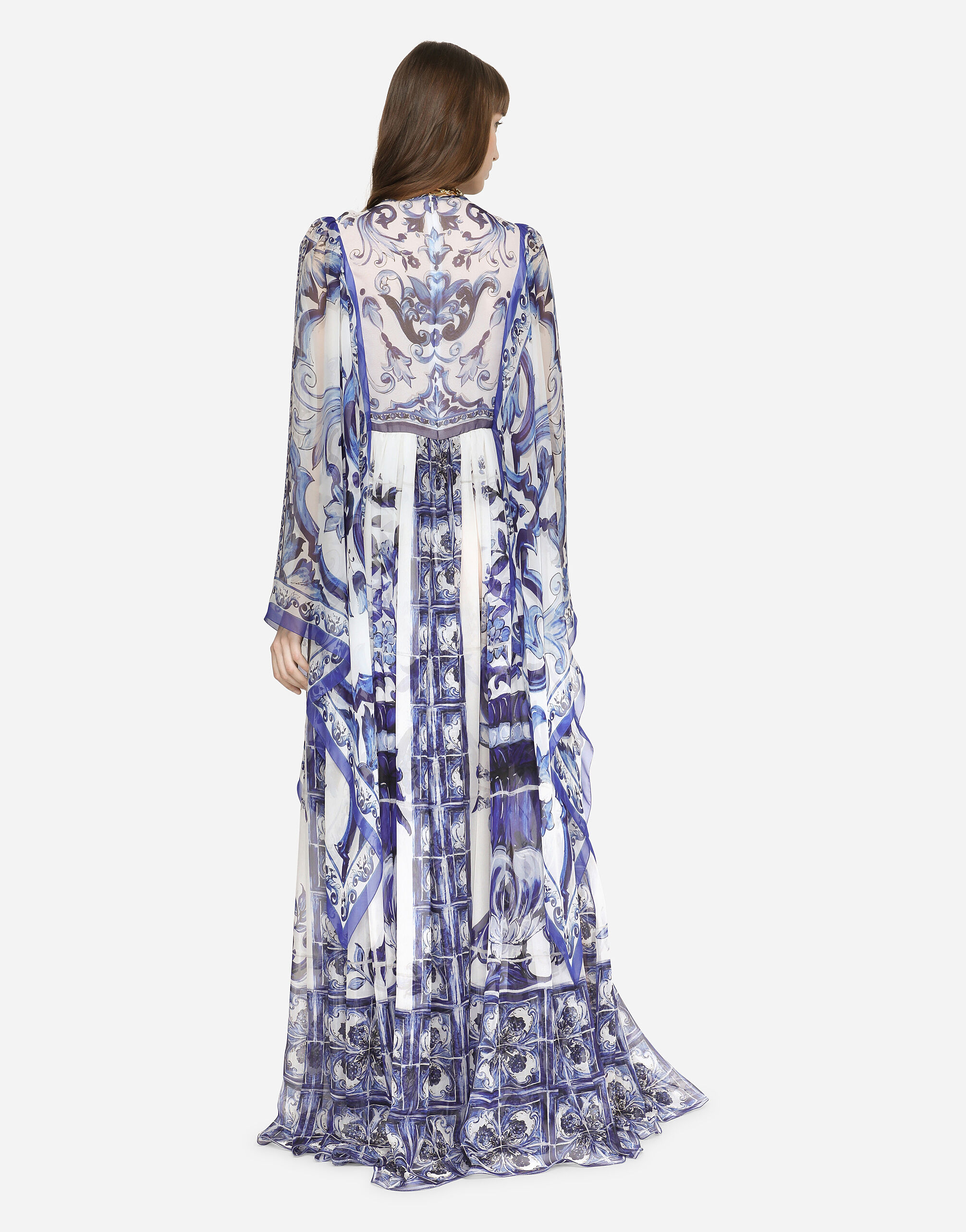 Long majolica-print chiffon dress