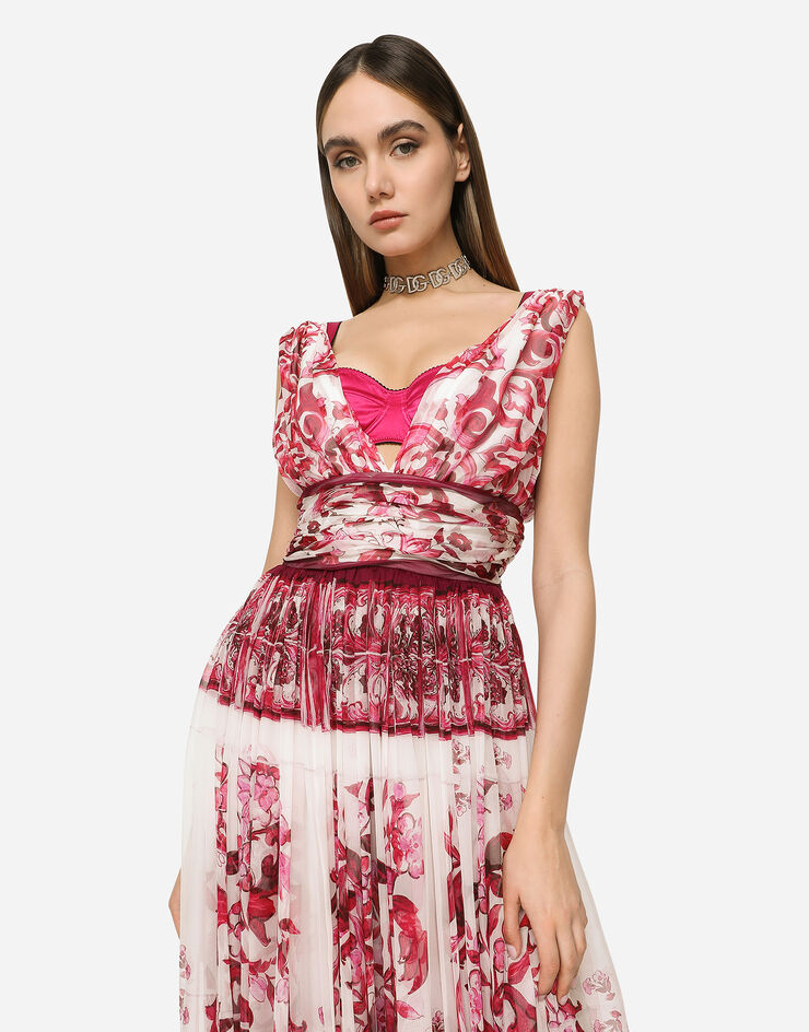 Dolce&Gabbana Vestido largo de chifón con estampado Maiolica Multicolor F6DAZTHI1NV