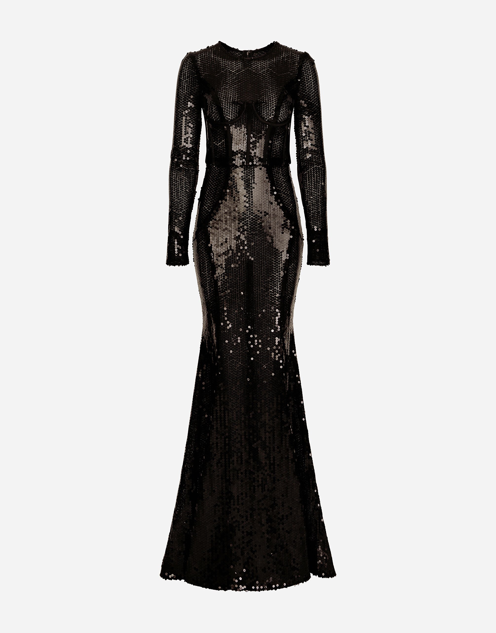 ${brand} Long sequined dress with corset detailing ${colorDescription} ${masterID}